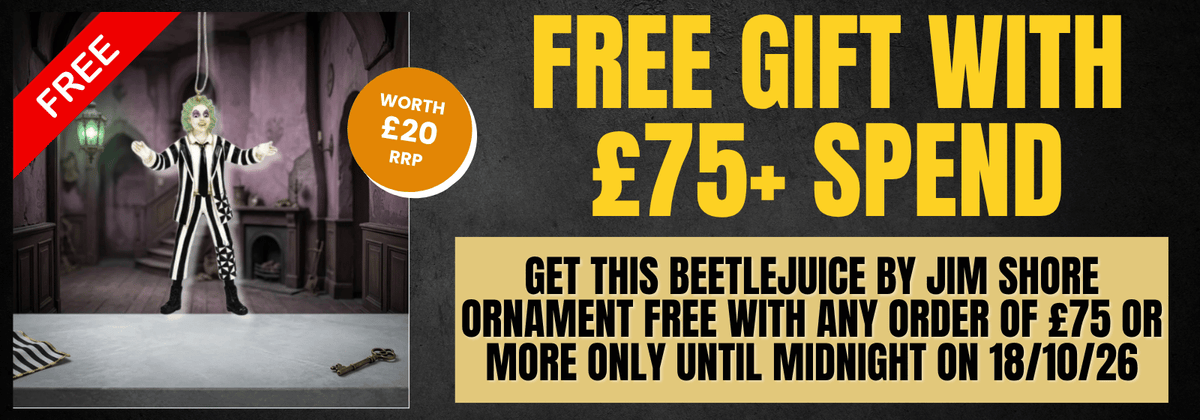 Promotional banner for a free gift with £75+ spend, featuring a small image of Beetlejuice in a black-and-white striped suit on the left, a red 'FREE' ribbon, an orange 'WORTH £20 RRP' badge, and large yellow text on a dark background.
