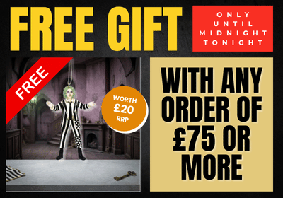 Promotional graphic with large yellow text reading 'FREE GIFT' and a red badge saying 'ONLY UNTIL MIDNIGHT TONIGHT.' A small photo of a person in a black-and-white striped costume appears on the left, alongside a red diagonal 'FREE' banner and an orange circle stating 'WORTH £20 RRP.