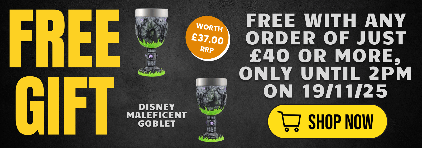 Promotional banner for a free Disney Maleficent goblet with a black background and text.
