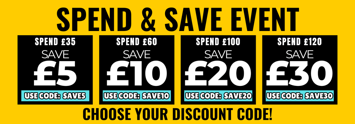 Promotional banner for a 'Spend & Save Event' with discount codes on a yellow background.