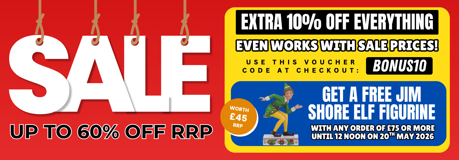 Promotional sale banner with text and graphics on a red background