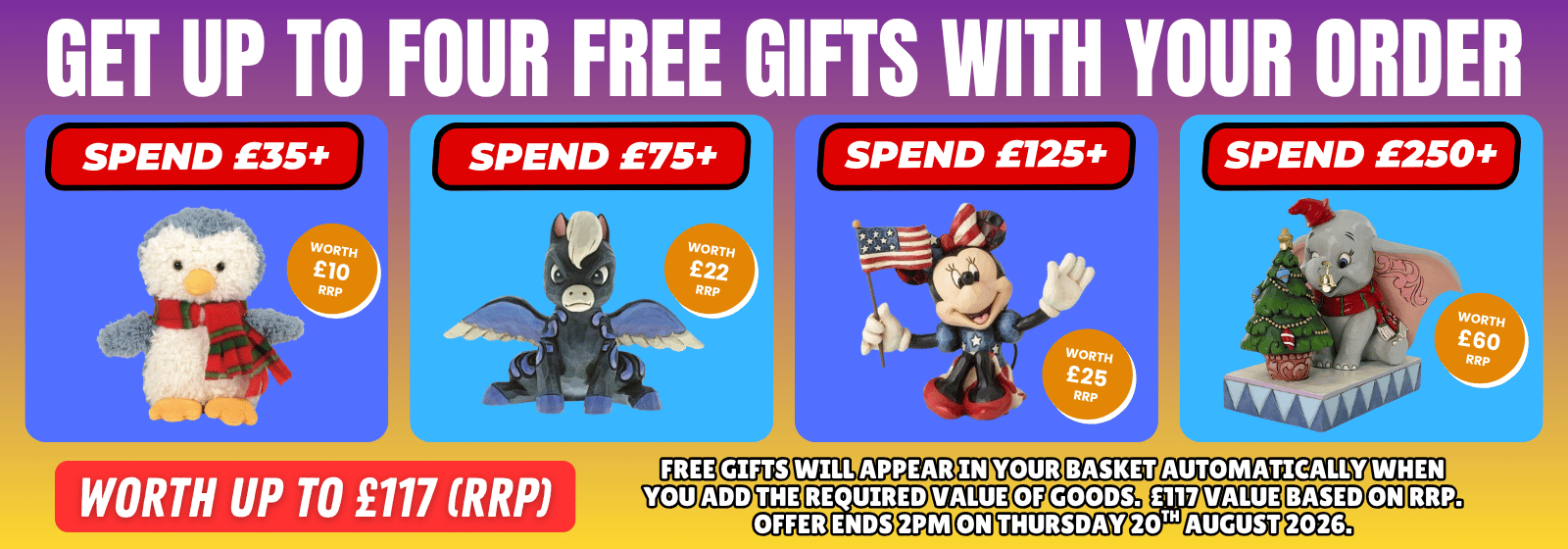 Promotional graphic for a shopping offer stating 'GET UP TO FOUR FREE GIFTS WITH YOUR ORDER' over a purple-to-blue gradient background. Four blue panels show example free items: a plush duck with a red scarf, a black dragon toy, a Mickey Mouse figure with an American flag, and a Santa Claus dog with a Christmas tree.