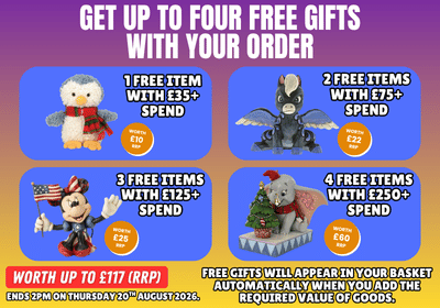 Promotional graphic for a shopping offer stating 'GET UP TO FOUR FREE GIFTS WITH YOUR ORDER' over a purple-to-blue gradient background. Four blue panels show example free items: a plush duck with a red scarf, a black dragon toy, a Mickey Mouse figure with an American flag, and a Santa Claus dog with a Christmas tree.
