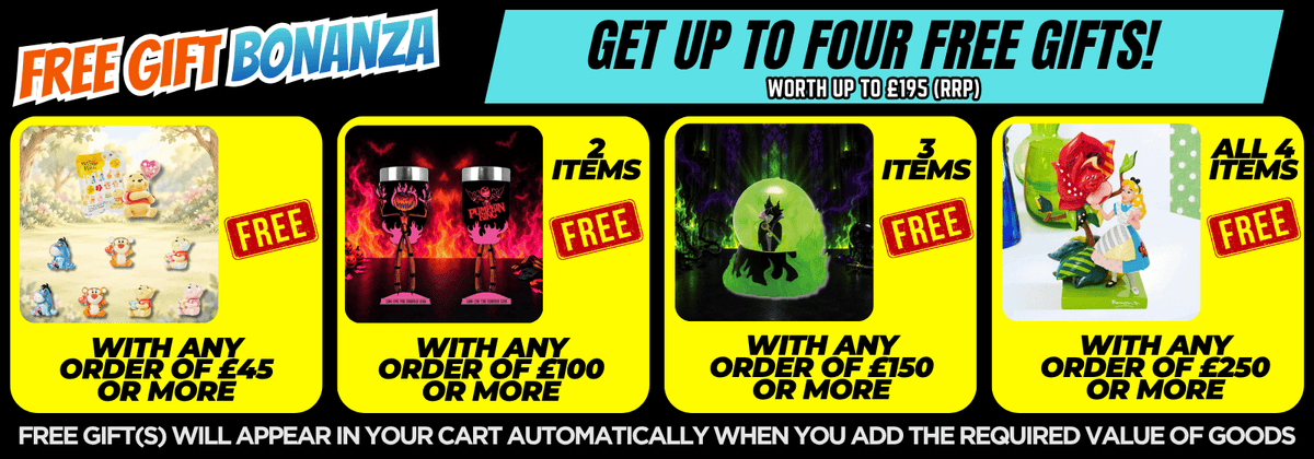 A promotional banner for Bonanza featuring four different free gift item options, each with a yellow background, red 'FREE' label, and text indicating the minimum order value required to receive the gift.