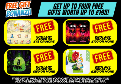Promotional coupon graphic for Bonanza with four free gift offers, featuring bright yellow panels with red 'FREE' labels and product examples on a black background.