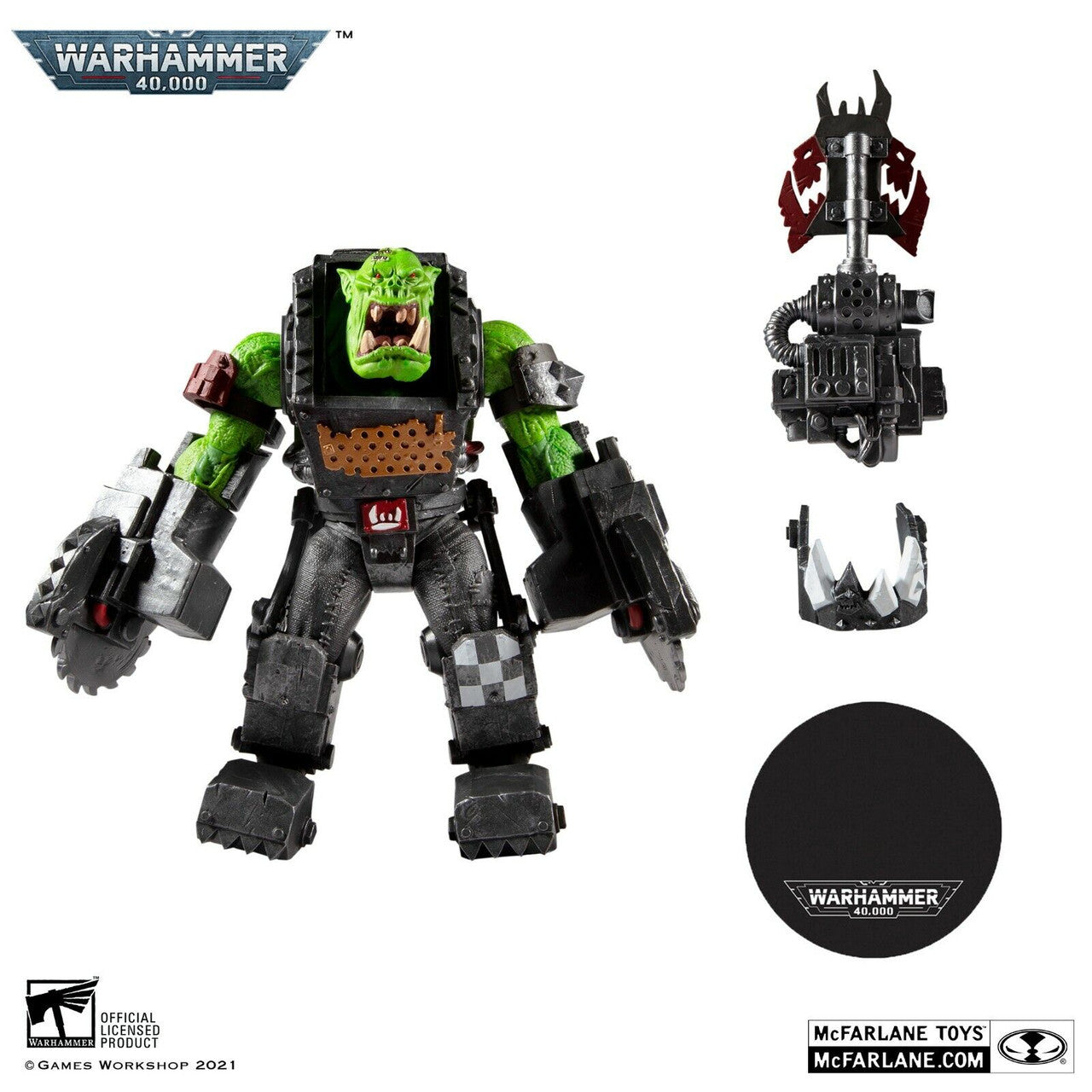 The McFarlane Toys Warhammer 40,000 Ork Meganob with Buzzsaw action figure features gray armor, green skin, a buzzsaw weapon, alternate hand, and round display base. Warhammer 40,000 and McFarlane Toys logos are visible.