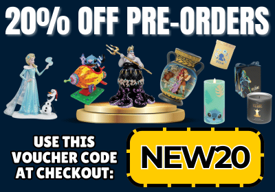 Promotional image with figurines and candleS, featuring a discount offer and voucher code.