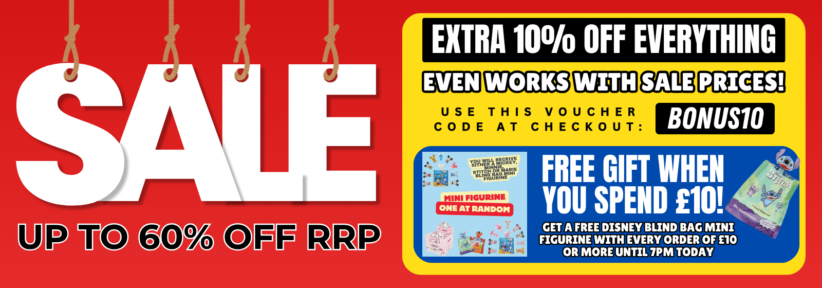 Promotional sale banner with text and graphics on a red background