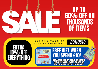 Promotional sale banner with text and graphics on a red background