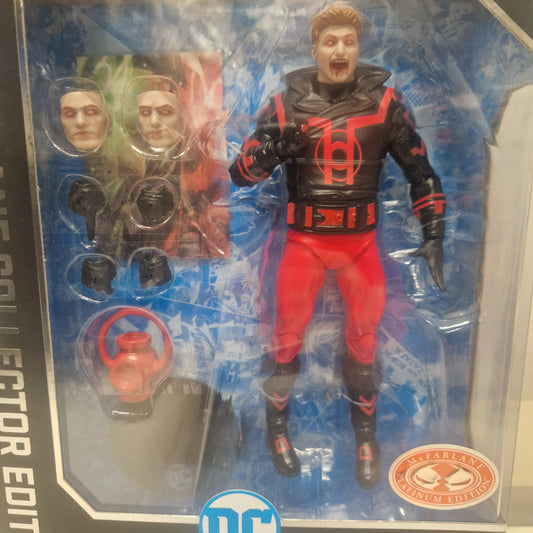 McFarlane Toys DC Multiverse Guy Gardner Red Lantern action figure features red and black suit, fanged open mouth, extra heads, alternate hands, a red lantern accessory, and Collector Edition branding in a display box.