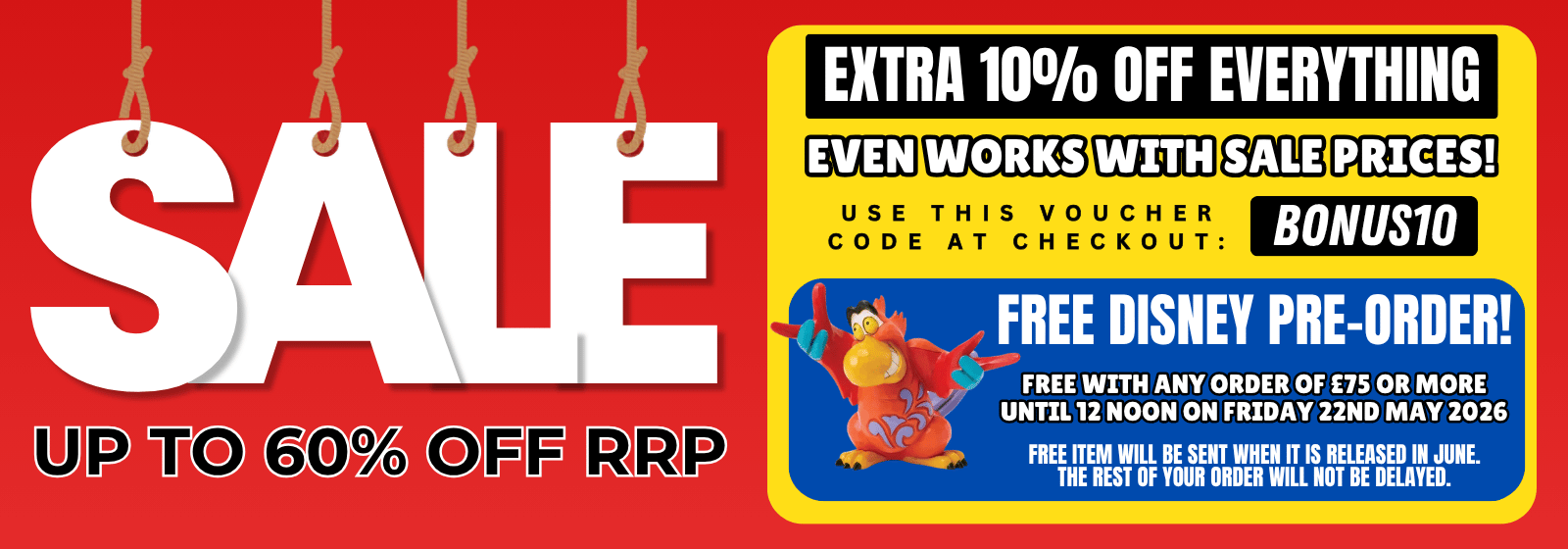 Promotional banner with sale text and discount offers on a red background