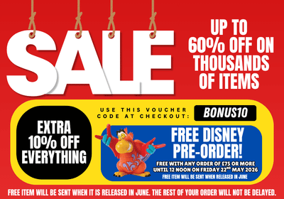 Promotional poster with sale and discount information on a red background