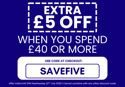 Promotional coupon graphic on a dark blue background with white text reading 'EXTRA £5 OFF WHEN YOU SPEND £40 OR MORE' and a white rounded button that says 'USE CODE AT CHECKOUT: SAVEFIVE'.