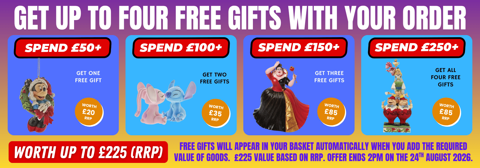 Promotional graphic for a free gift offer, featuring four product images with text detailing free item thresholds and offer periods. The design uses a blue and orange gradient background with red and yellow text boxes.