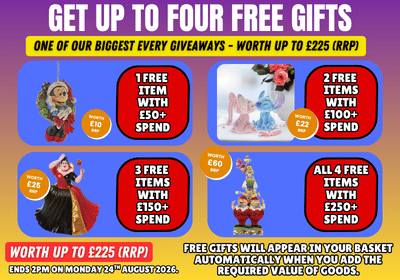 Promotional graphic for a free gift offer, featuring four product images with text detailing free item thresholds and offer periods. The design uses a blue and orange gradient background with red and yellow text boxes.