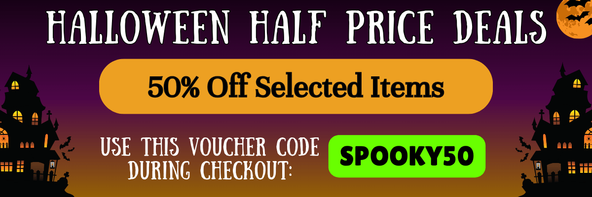 Halloween-themed promotional banner with half price deals and a voucher code.