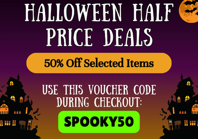 Halloween sale advertisement with haunted houses and promotional text on a purple background