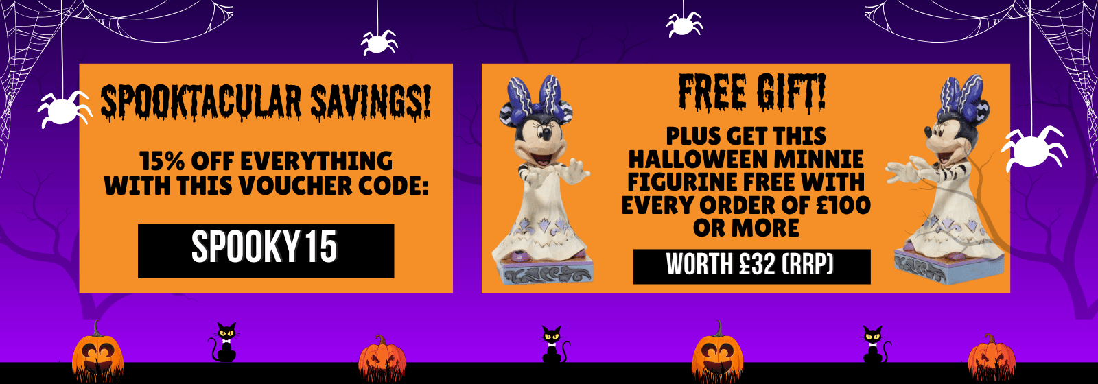 Halloween-themed promotional banner with Minnie Mouse figurine, voucher code, and gift offer.