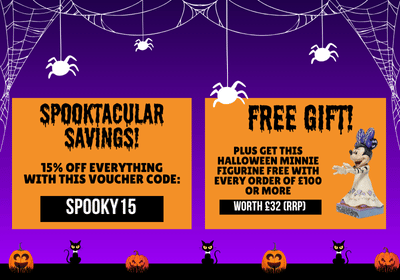 Halloween-themed promotional graphic with text and a Minnie Mouse figure on a purple background.