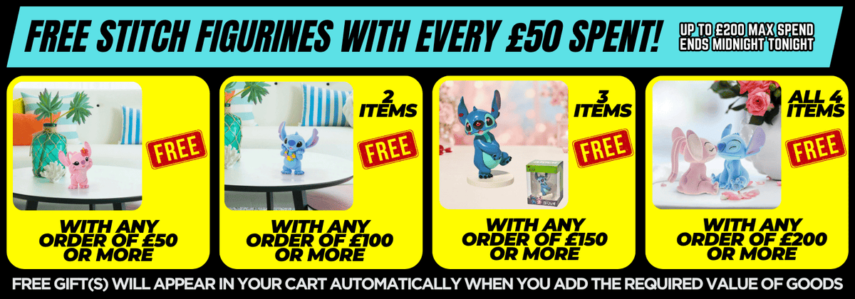 promotional banner for a free gift with purchase offer featuring various Stitch figurines and spend requirements