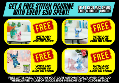 promotional banner for a free gift with purchase offer featuring various Stitch figurines and spend requirements