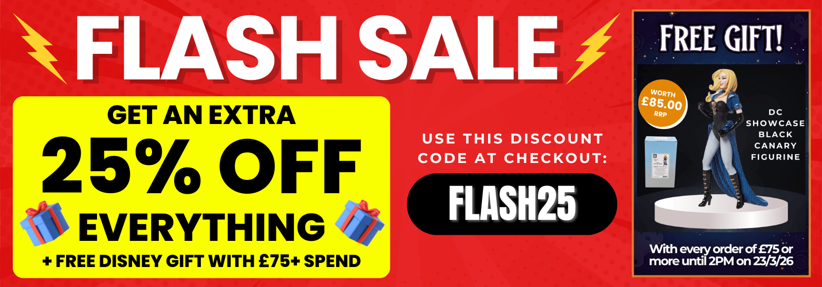 Flash sale banner with promotional text and discount code on a red background