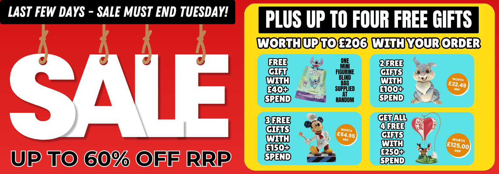 Promotional banner with sale information and free gift offer on a red and yellow background.