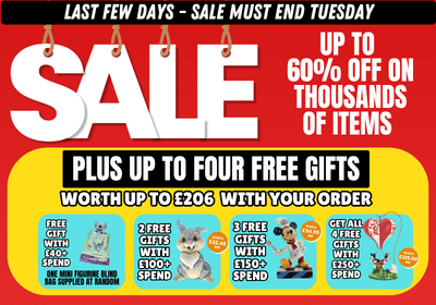 Promotional poster with sale and gift offer details on a red and yellow background