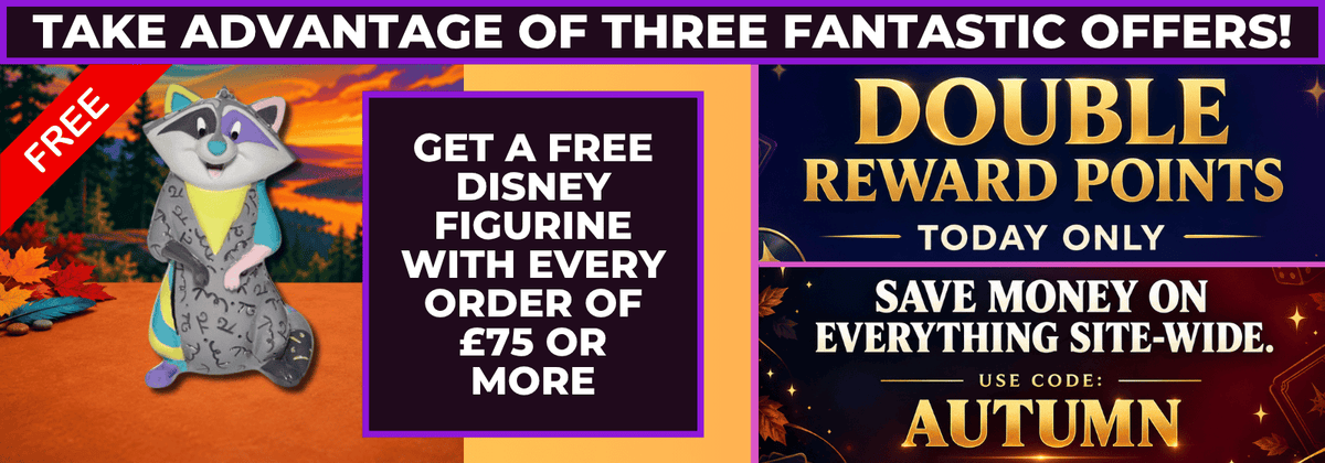 Promotional banner with text offers for Disney figures, featuring a raccoon character on the left, a red 'FREE' ribbon, and a dark purple panel with gold text reading 'DOUBLE REWARD POINTS' and 'AUTUMN'.