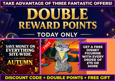 Promotional graphic for a double reward points offer, featuring large gold text on a dark purple background with three offer panels and a cartoon raccoon character in the center.