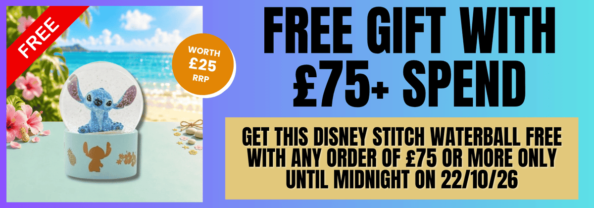Promotional banner for a Disney Stitch waterball offer, showing a Disney Stitch waterball on the left and large text on the right that says 'FREE GIFT WITH £75+ SPEND' and 'GET THIS DISNEY STITCH WATERBALL FREE WITH ANY ORDER OF £75 OR MORE ONLY UNTIL MIDNIGHT ON 22/10/26'.