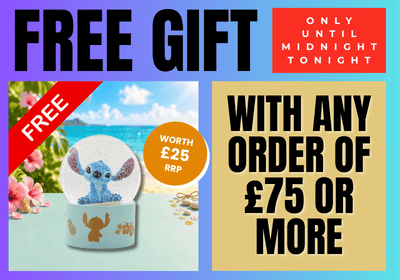 Promotional sale graphic with large text reading 'FREE GIFT' and 'WITH ANY ORDER OF £75 OR MORE', plus a red badge saying 'ONLY UNTIL MIDNIGHT TONIGHT'. It advertises a small snow globe gift set shown on the left, featuring a blue character in a clear snow globe on a white base, with a beach scene printed behind it and a yellow circle stating 'WORTH £25 RRP'.