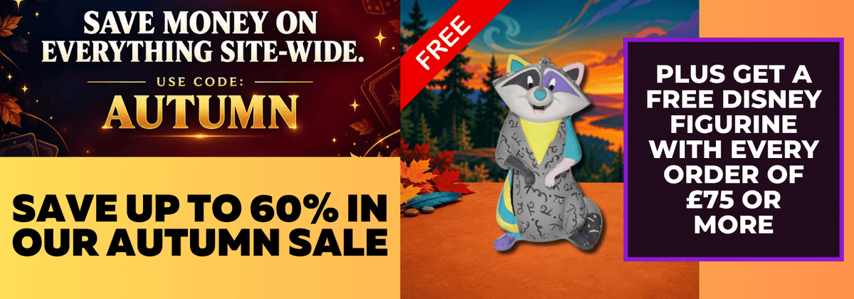 Promotional autumn sale banner with text offers, a red diagonal 'FREE' ribbon, and a cartoon raccoon character on a colorful background. No actual product is shown for sale in a standard catalog way, so this fits Other rather than Product/Packaging.