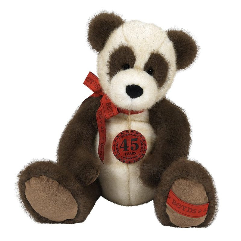 The Anni Bearsley Jointed Bear is a 16-inch plush toy by Boyds Bears, featuring soft brown and white fur, a red ribbon, and a 45 Years tag, celebrating the brands anniversary.