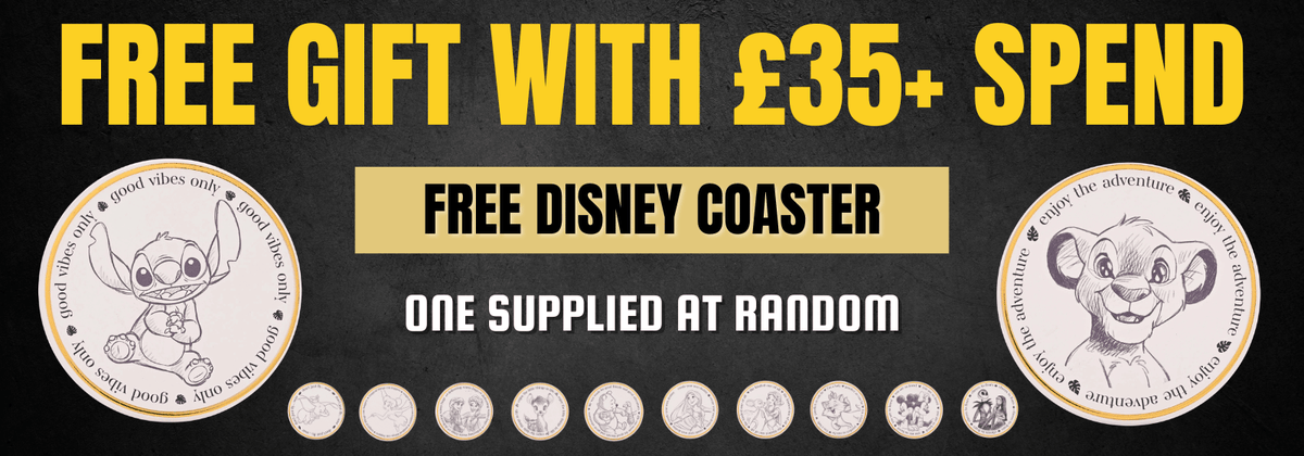 Promotional banner for free Disney coaster with £35 spend offer on a black background