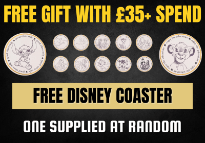 Promotional offer for free Disney coaster with £35+ spend, featuring cartoon character coins on a black background.