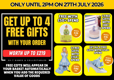 Promotional flyer for a 24-7 Games & Collectables offer, featuring bold yellow and black text on a black background with four yellow panels showing sample gift items like a green dinosaur figure, a white teapot, a blue dress, and a light blue shoe. The top banner reads 'ONLY UNTIL 2PM ON 27TH JULY 2026'.