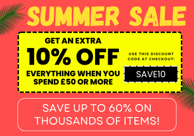 Promotional sale graphic with a coral background, yellow 'SUMMER SALE' text, a large yellow discount box offering 10% off everything on spend £50 or more, and a pink rounded rectangle stating save up to 60% on thousands of items.
