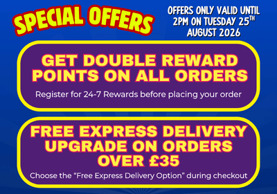 Promotional graphic with three purple and yellow offer panels on a blue background, including text about double reward points on all orders and free express delivery upgrade on orders over £35.