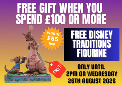 Promotional flyer for a Disney Traditions figurine featuring a kangaroo and joey. The ad has a purple-to-yellow gradient background with white text reading 'FREE GIFT WHEN YOU SPEND £100 OR MORE' and 'FREE DISNEY TRADITIONS FIGURINE'.