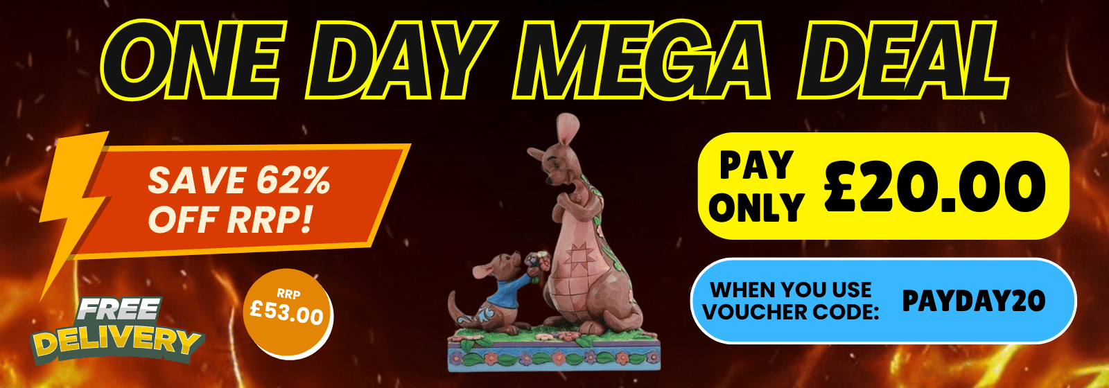 Promotional banner for a one-day mega deal with kangaroo figurine, discount information, and voucher code.