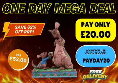 Promotional graphic for a one-day mega deal with cartoon kangaroo and Joey figurine, showing savings and delivery offer.