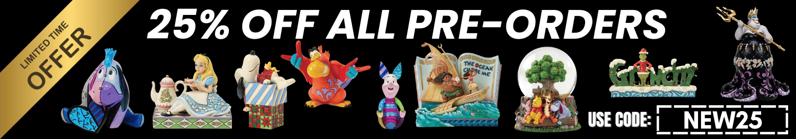 Promotional banner with cartoon characters and text offering 25% off all pre-orders.