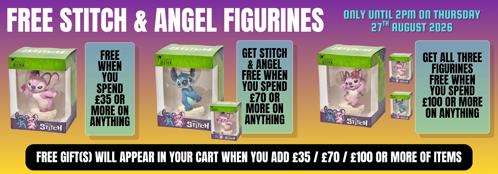 Promotional banner for Stitch and Angel figure gift sets with multiple product boxes shown, pricing text, and a black bottom bar with offer details on a pink-to-purple gradient background.