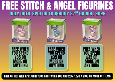 Promotional graphic for a free stitch and angel figurines offer, featuring three packaged Disney Stitch and Angel figures with text detailing the offer 'Only until 2pm on Thursday 27th August 2026'.