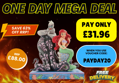 Mermaid and sea monster figurine with promotional text for a one-day mega deal.