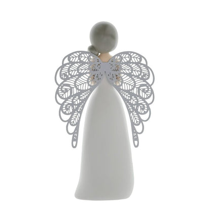 The You Are An Angel Moon And Back Angel Figurine AN045 features a smooth pearl-like head, gold collar, white flowing body, and lace-patterned wings—an elegant home décor piece and thoughtful gift.