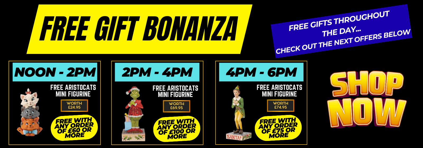 Promotional banner for a free gift bonanza event with time slots and product images.