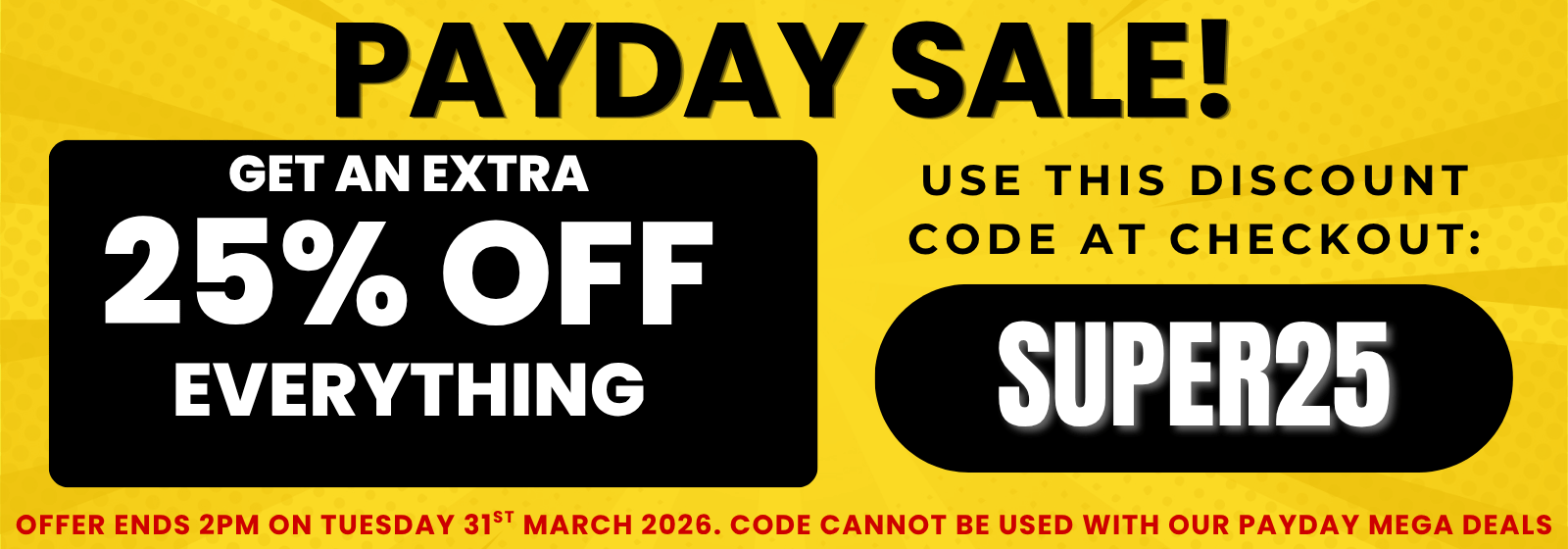 banner promoting a payday sale with discount code on a black background
