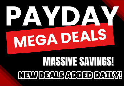 banner promoting payday deals and special savings on a black background